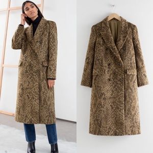 & Other Stories Olive Brown Textured Double-Breasted Wool Coat